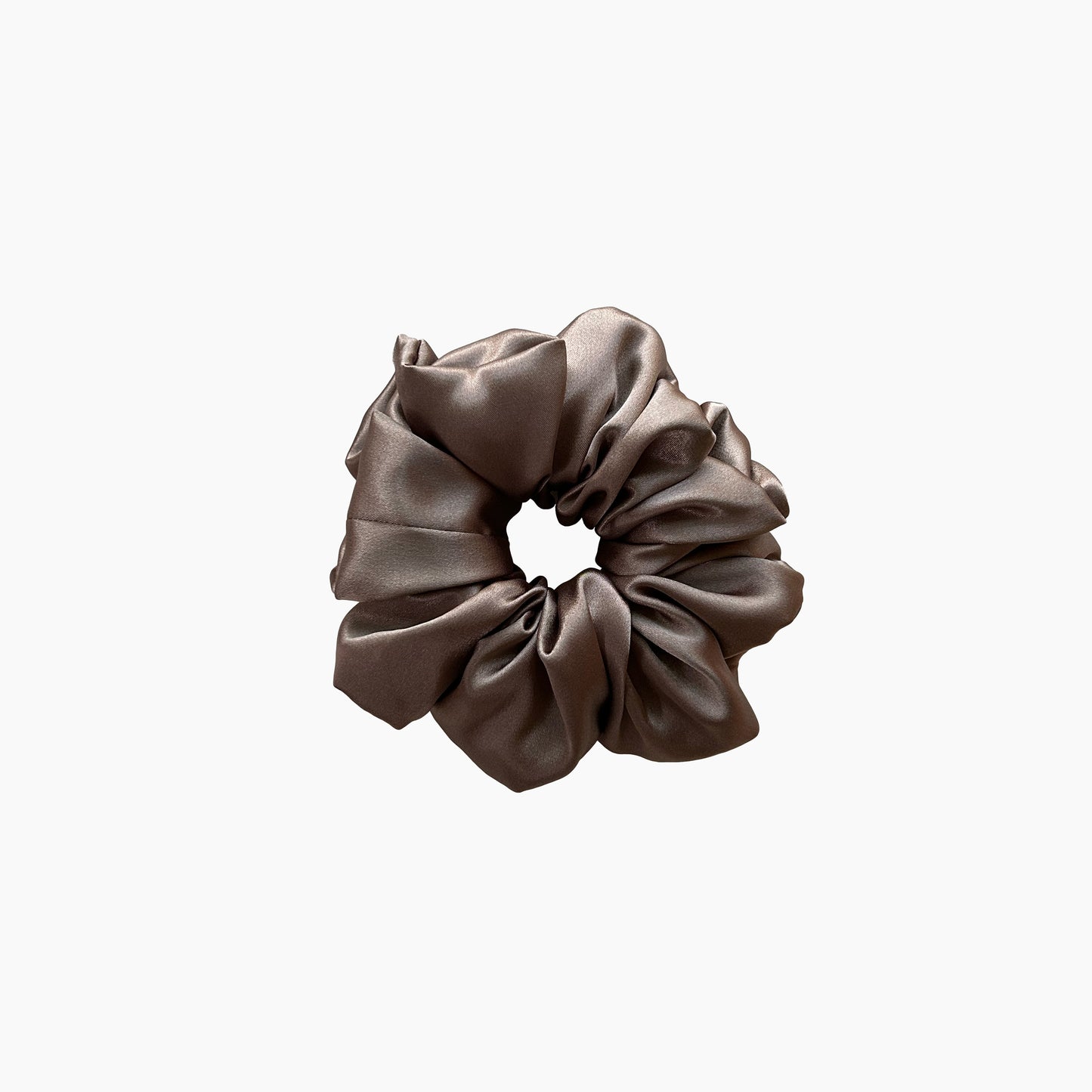 Brown satin scrunchie from Nude collection in large size, displayed on a white background.