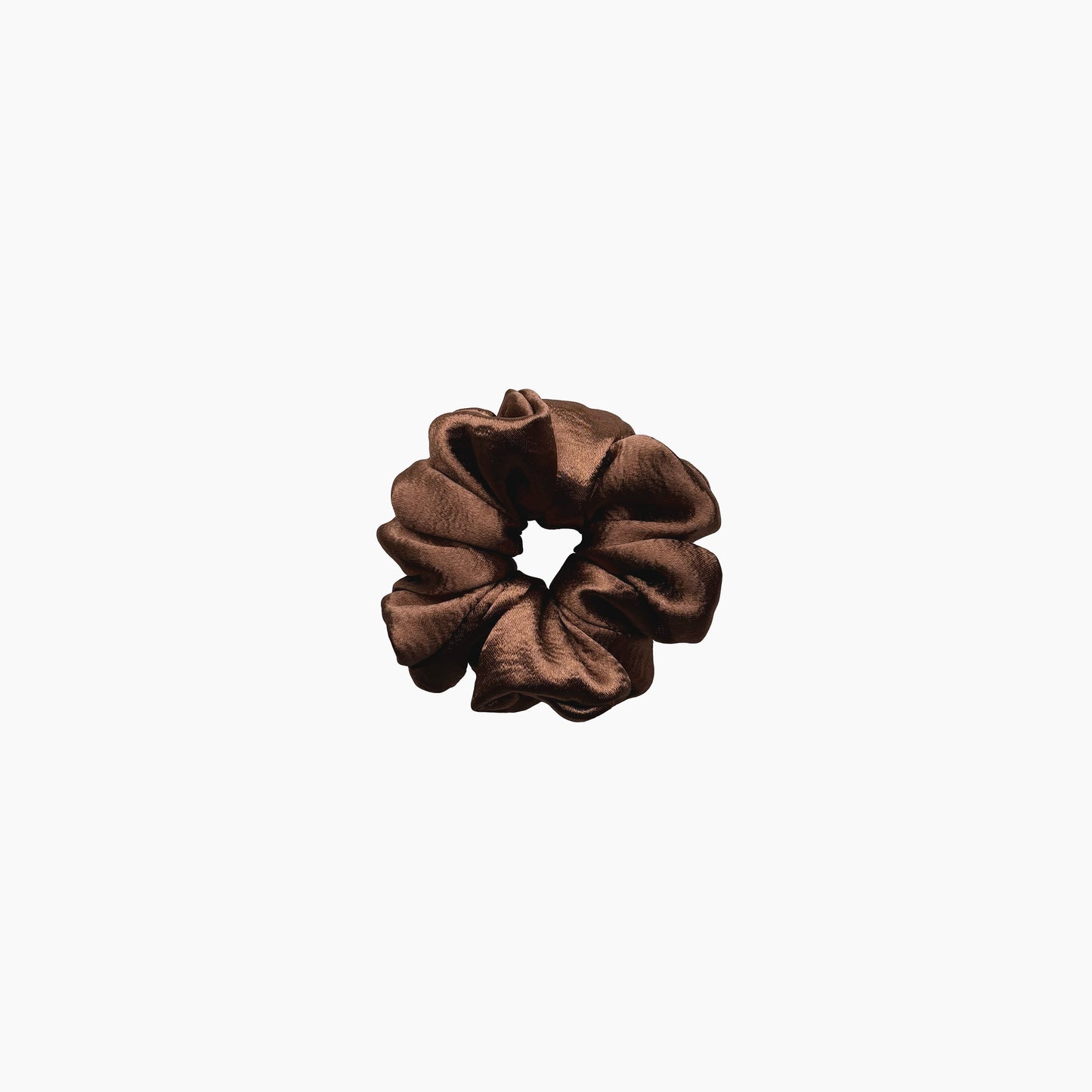 Mocha mousse satin scrunchie from Pebble Satin collection in large size, displayed on a white background.