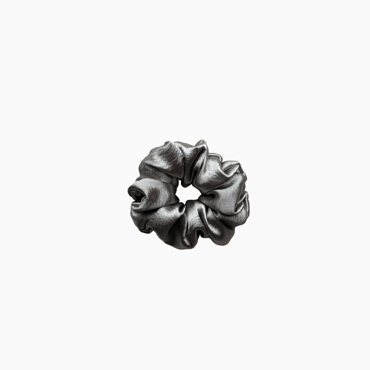 Silver satin scrunchie from Pebble Satin collection in large size, displayed on a white background.