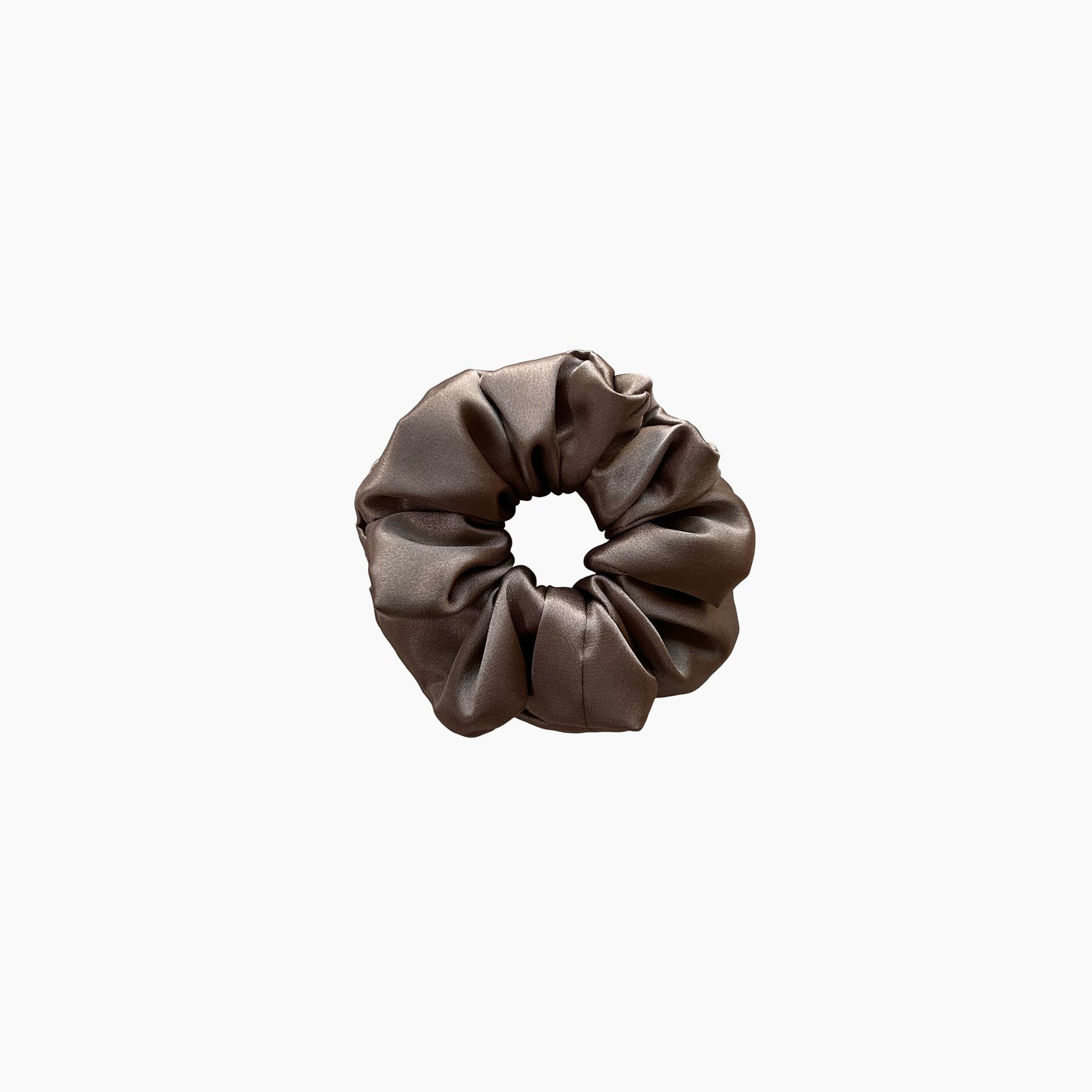 Brown satin scrunchie from Nude collection in medium size, displayed on a white background.