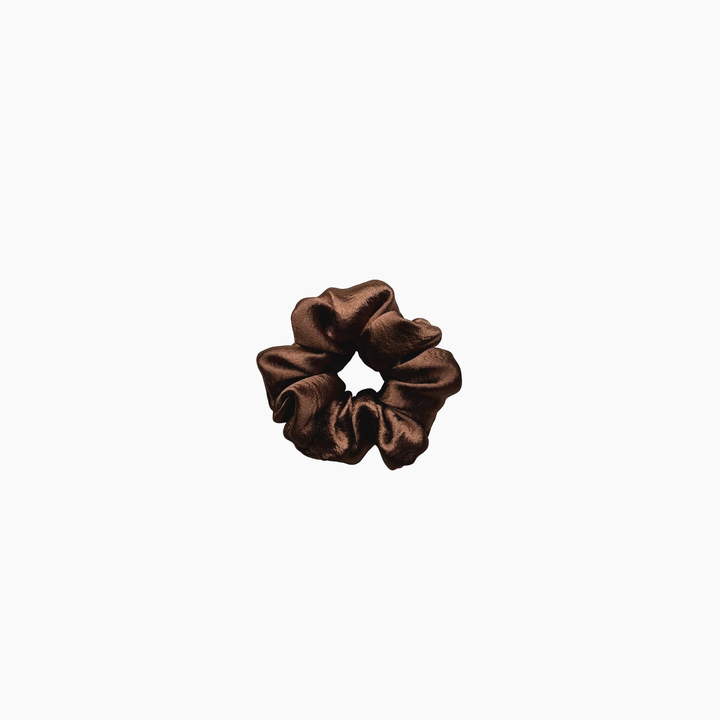 Mocha mousse satin scrunchie from Pebble Satin collection in medium size, displayed on a white background.