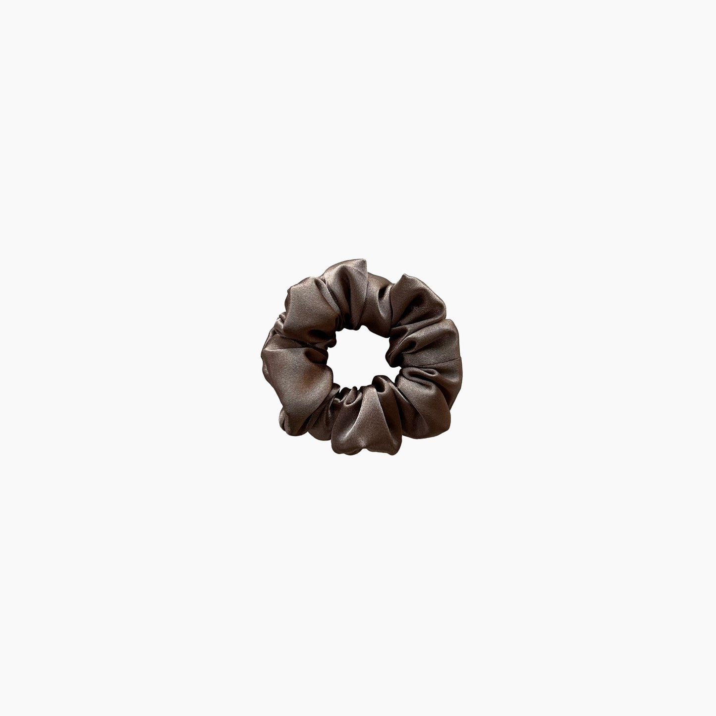 Brown satin scrunchie from Nude collection in small size, displayed on a white background.