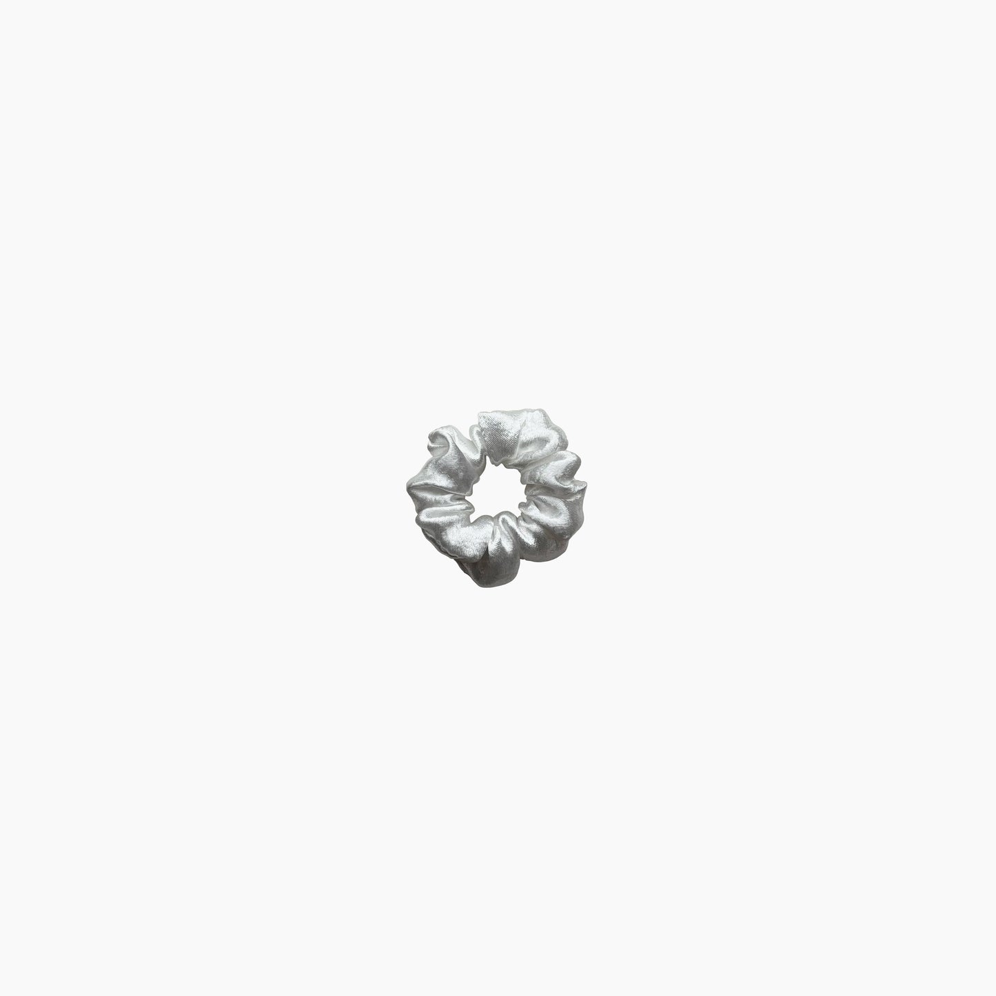 White satin scrunchie from Pebble Satin collection in small size, displayed on a white background.