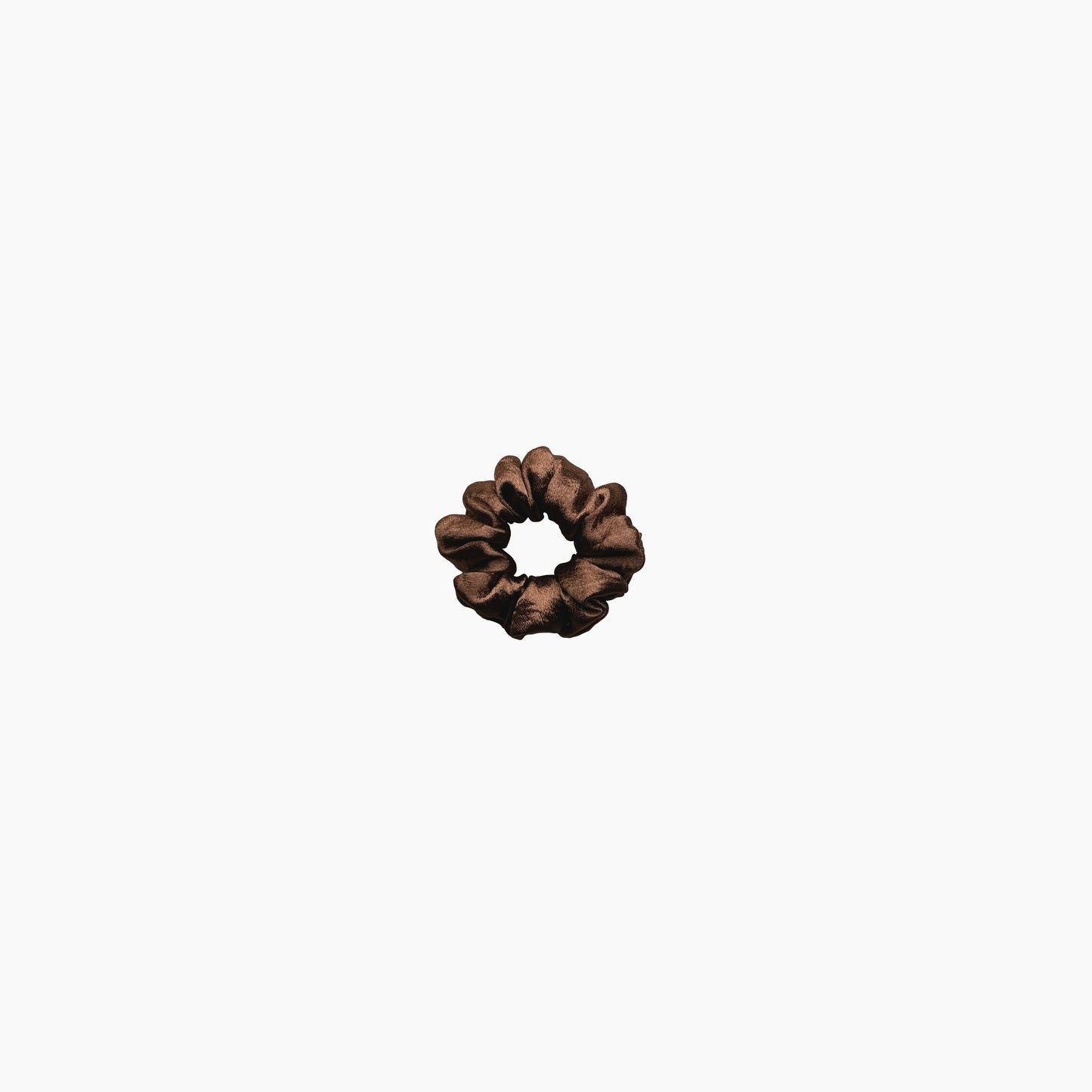 Mocha mousse satin scrunchie from Pebble Satin collection in small size, displayed on a white background.