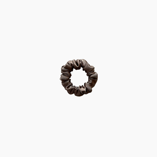 Brown satin scrunchie from Nude collection in mini size, displayed on a white background.