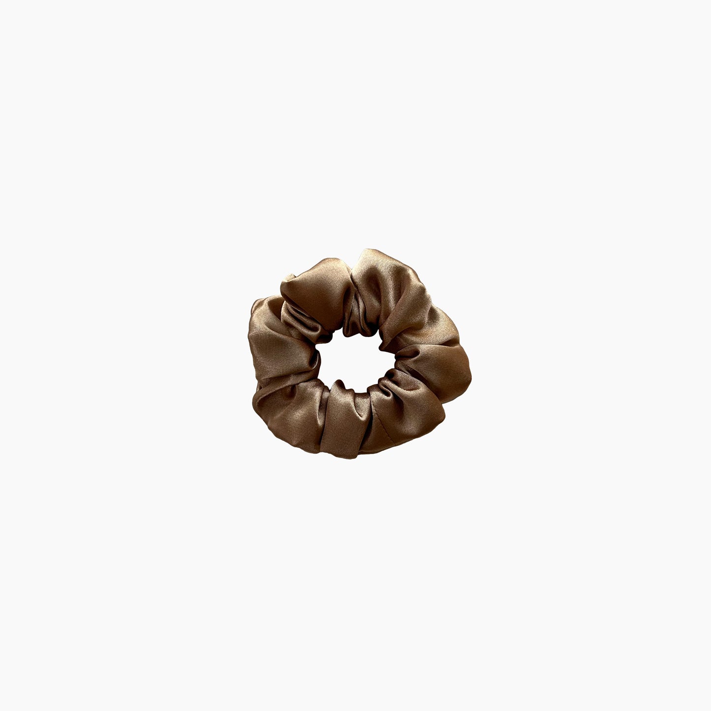 Gold satin scrunchie from Nude collection in small size, displayed on a white background.