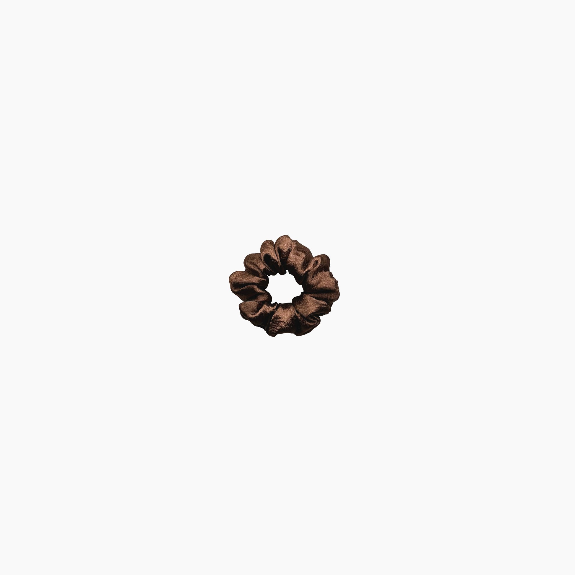 Mocha mousse satin scrunchie from Pebble Satin collection in small size, displayed on a white background.